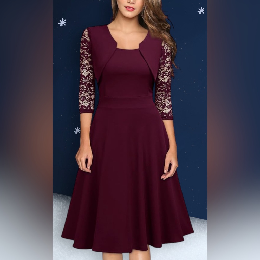 NWT. Vintage Square Neck Floral Lace 2/3 Sleeve Cocktail Swing Dress(KY1023) - Picture 3 of 7